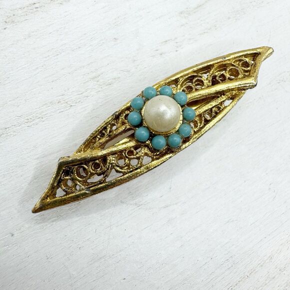 Vtg Mid Century MCM Faux Pearl And Turquoise Gold Tone Filigree Bar Pin Brooch - Picture 1 of 8